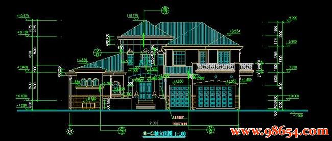 首层面积576平方米2层某花园别墅施工图正立面图