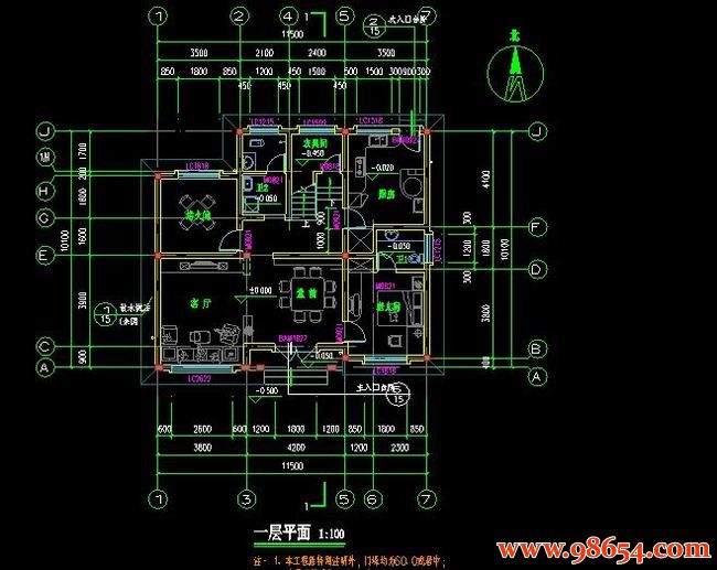 首层面积116平方米3层农村别墅设计施工图一楼平面图