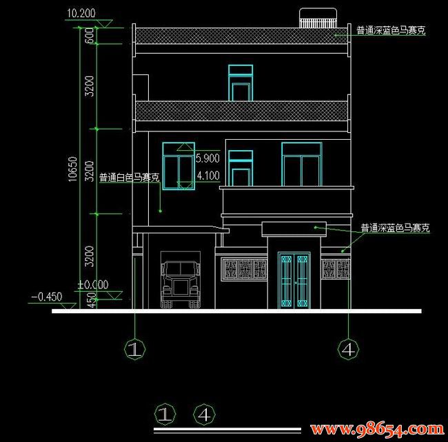 首层面积120平方米3层4室3厅3卫别墅施工图正立面图