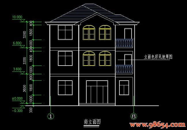 首层面积109平方米三层别墅设计图正立面图