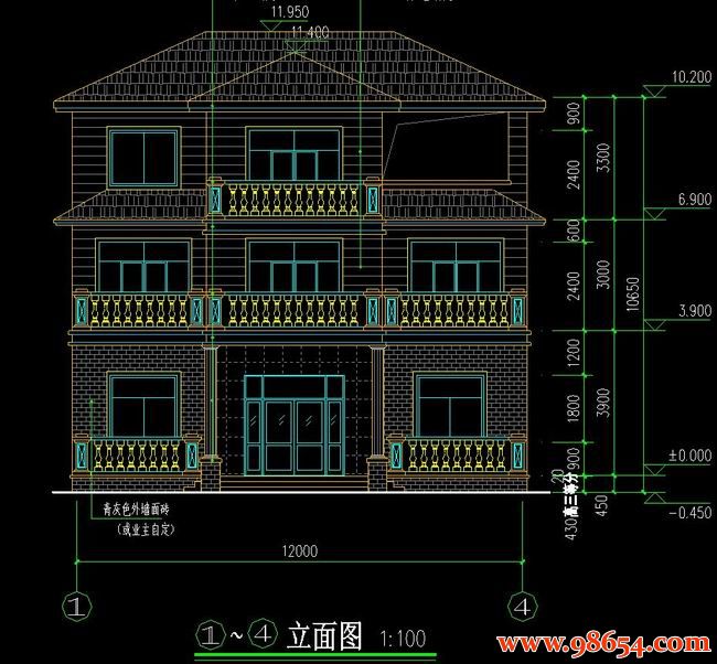 首层面积115平方米3层新农村自建别墅详图正立面图