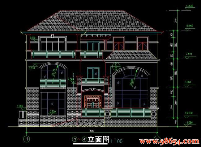 首层面积288平方米3层别墅建筑施工图正立面图