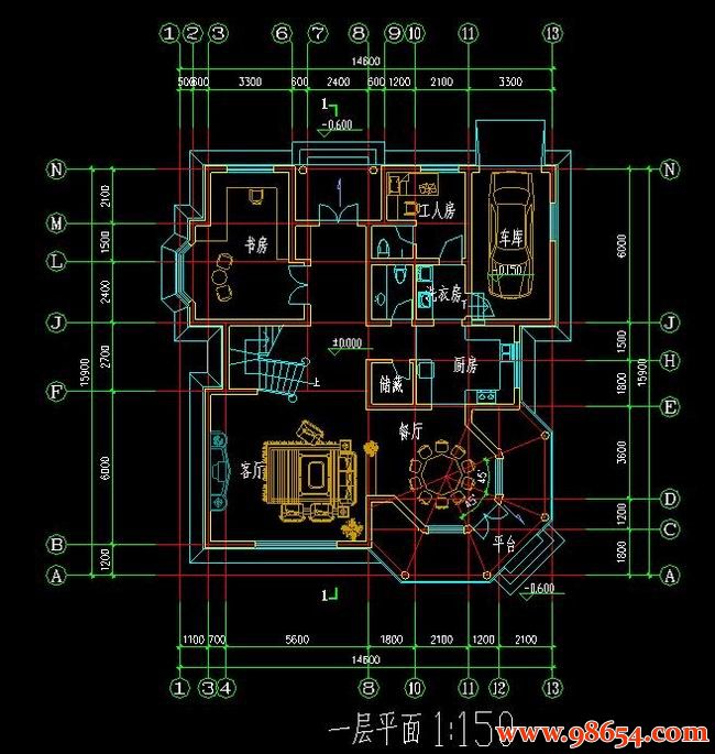 首层面积232平方米2层A6型别墅建筑施工图一楼平面图