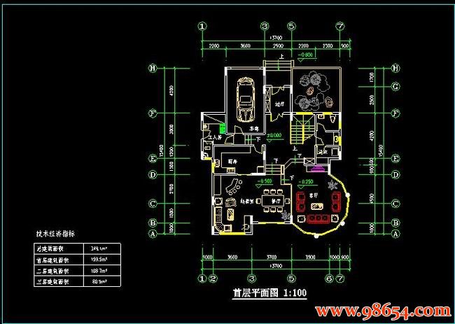 首层面积210平方米3层别墅建筑图纸一楼平面图