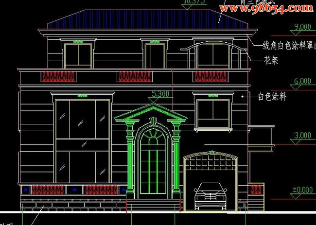 农村三层别墅CAD图正立面图