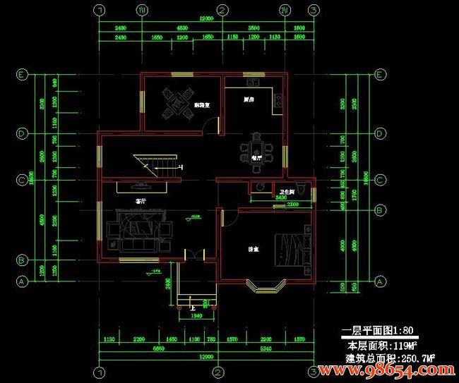 首层面积139平方米2层别墅建筑施工图一楼平面图