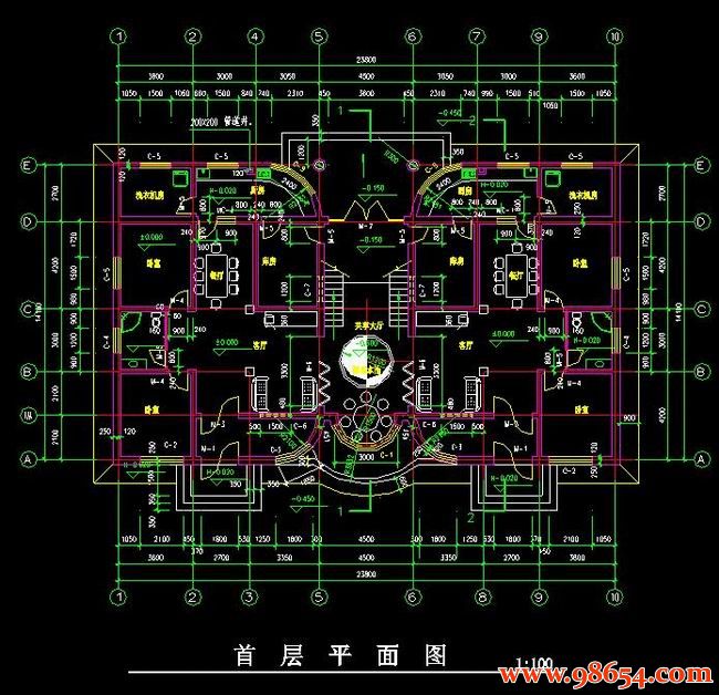 首层面积335平方米3层北方豪华别墅建筑施工图一楼平面图