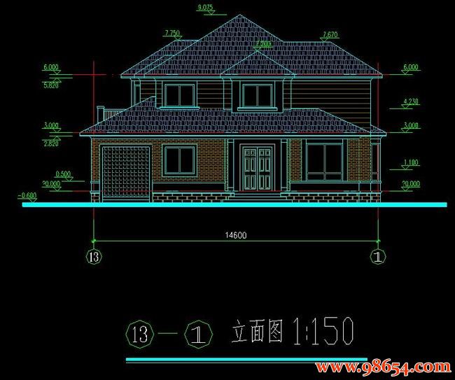 首层面积232平方米2层A6型别墅建筑施工图正立面图