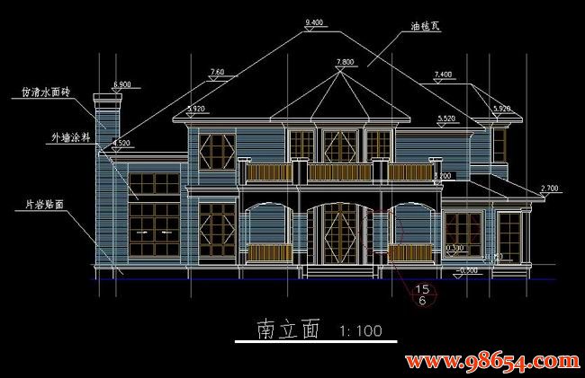 首层面积330平方米2层豪华别墅设计施工图正立面图