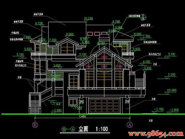 首层面积196平方米3层别墅施工图正立面图