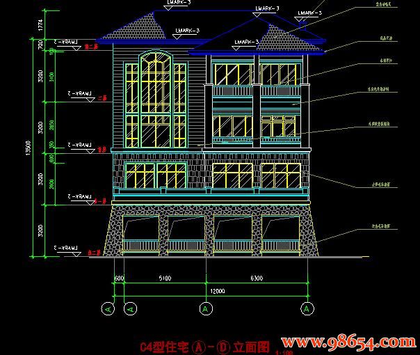 首层面积360平方米2层带地下室别墅全套建筑施工图正立面图