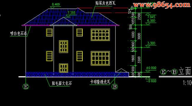 首层98平米2层别墅C型施工图正立面图