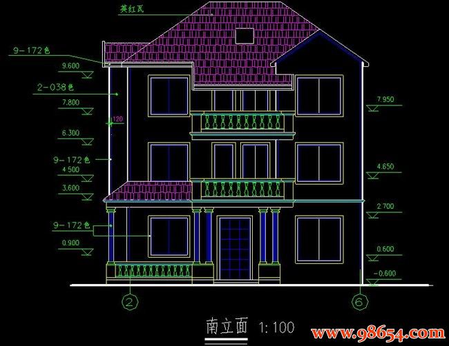 首层面积150平方米3层别墅建筑设计施工图正立面图