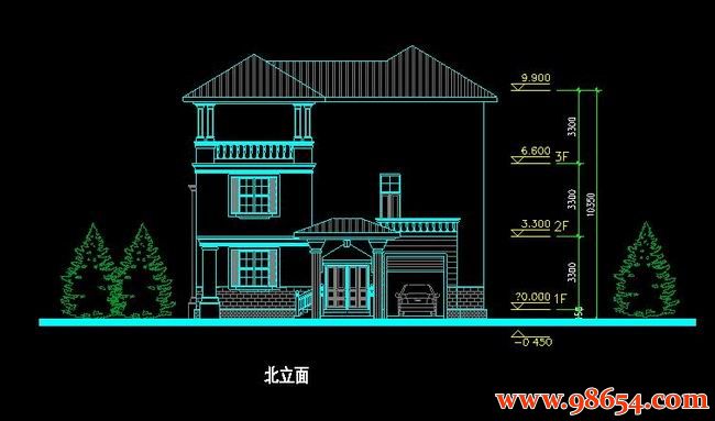 首层面积200平方米2层F型别墅施工图正立面图