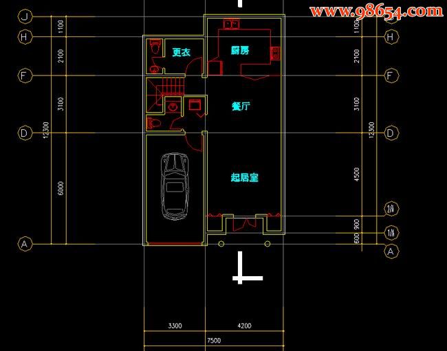 首层面积92平方米3层J型住宅楼施工图一楼平面图