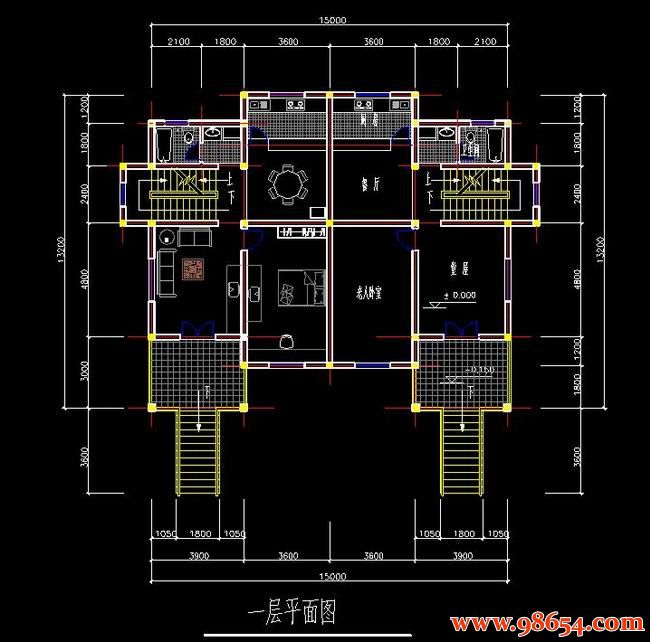 首层面积198平方米2层单套农村双拼别墅一楼平面图