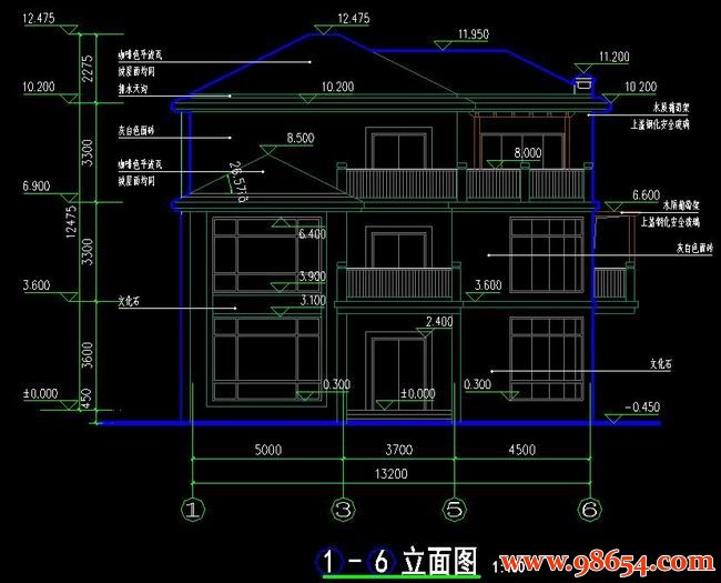 首层面积168平方米3层农村别墅全套施工图正立面图