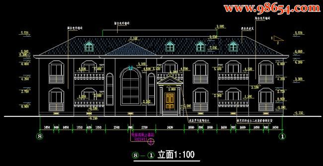 两层5室5厅6卫北方私家别墅建筑施工图正立面图