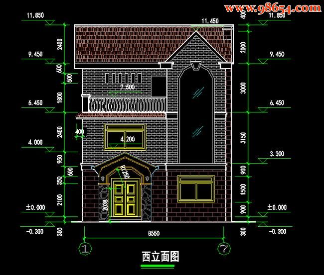 三层9室2厅3卫新农村住宅施工图正立面图