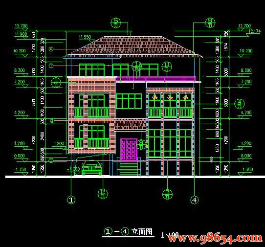 首层面积156平方米3层别墅图纸正立面图