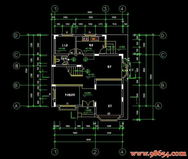 首层面积68平方米3层别墅建筑设计施工图一楼平面图