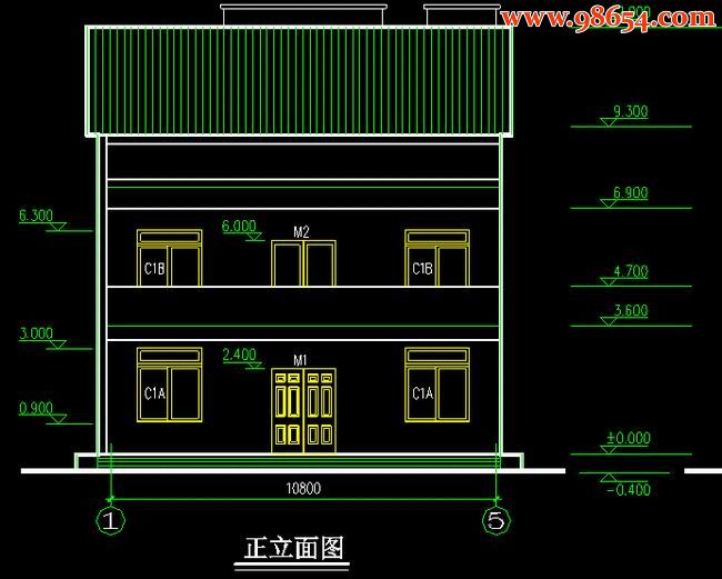 首层113平米2层农村自建别墅图正立面图