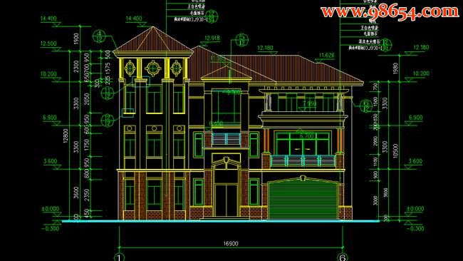 三层6室3厅7卫自建别墅设计施工图正立面图