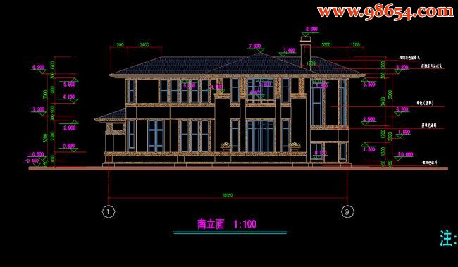 两层4室3厅3卫欧式新农村别墅建筑施工图正立面图