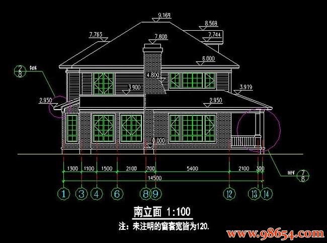 首层面积195平方米2层别墅施工图正立面图