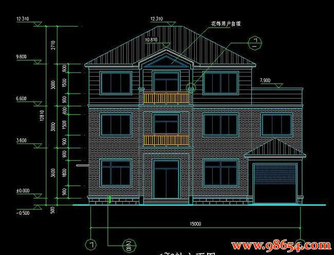 首层面积167平方米3层别墅建筑设计施工图正立面图