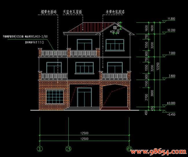 首层面积147平方米3层独栋别墅全套建筑施工图正立面图