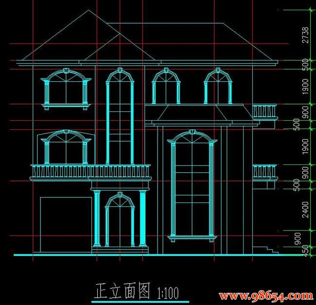 首层面积108平方米3层新农村住宅别墅施工图正立面图