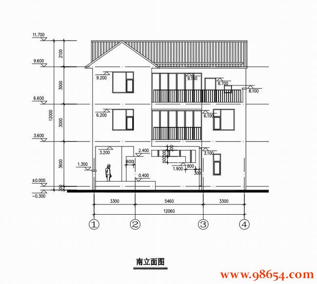 首层面积124平方米3层农村住宅设计正立面图