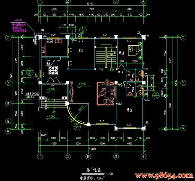 首层面积209平方米3层农村别墅建筑设计施工图一楼平面图