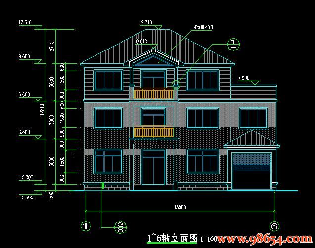 首层面积167平方米3层独栋别墅全套设计图正立面图