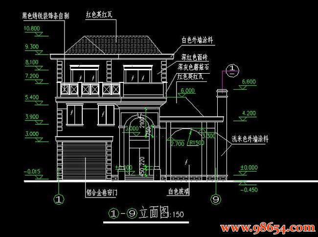 首层面积160平方米3层农村独栋住宅施工图正立面图