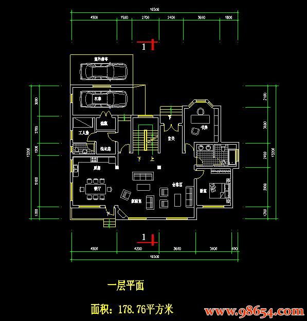 首层面积217平方米2层带地下室别墅方案图一楼平面图