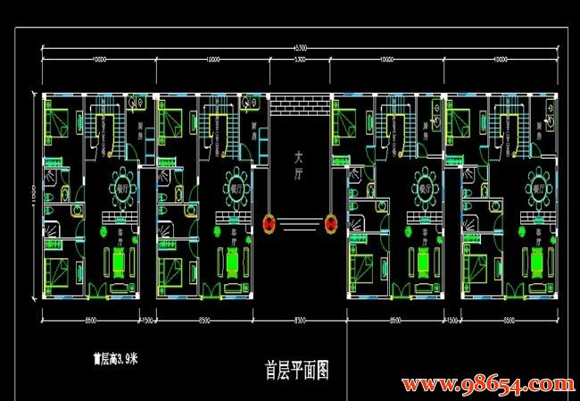 首层面积110平方米三层联排精致别墅设计图一楼平面图