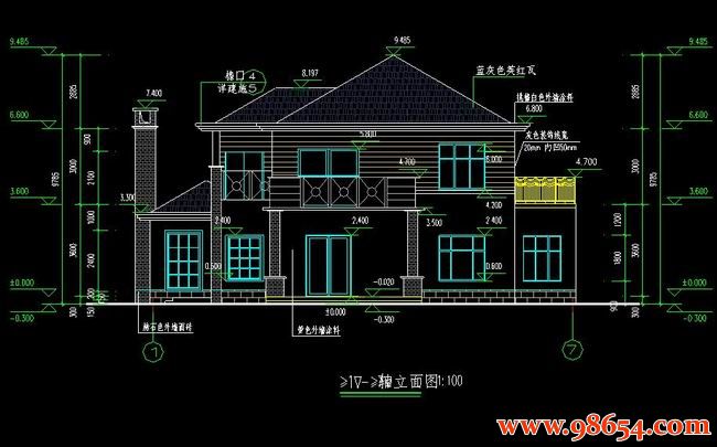 首层面积228平方米2层别墅建筑施工图正立面图