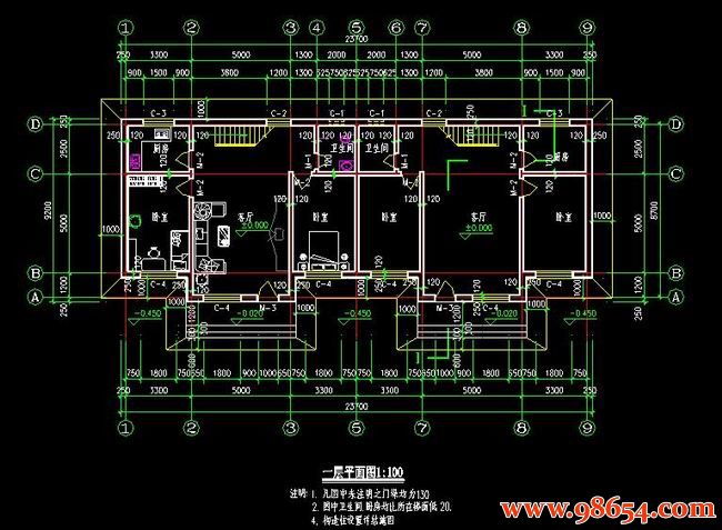 首层面积218平方米2层双拼别墅施工图一楼平面图