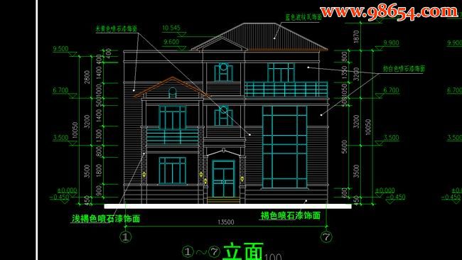 三层6室2厅6卫农村自建别墅施工图正立面图