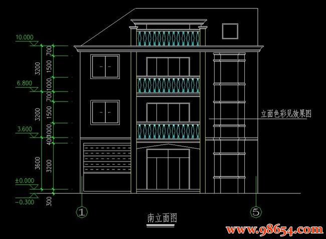 首层面积129平方米3层别墅施工图正立面图