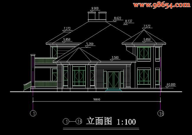 首层308平方米2层农村独栋大户型别墅正立面图