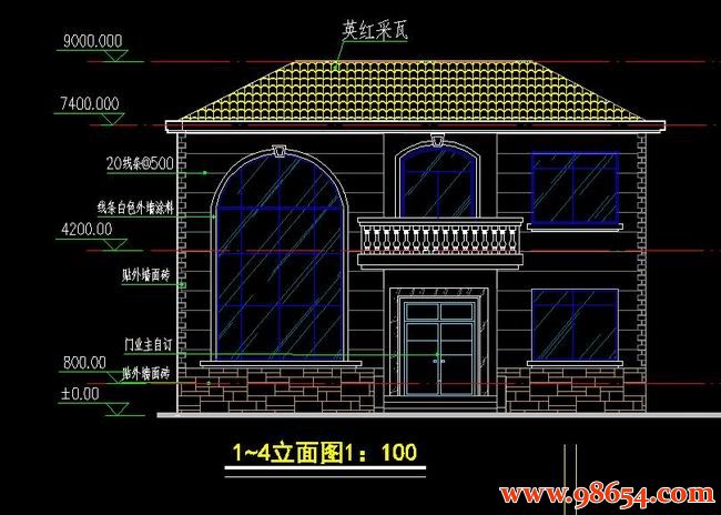 首层面积124平方米2层单家独院式别墅正立面图