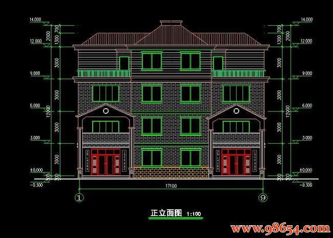 首层面积184平方米4层双拼别墅施工图正立面图