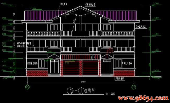 首层面积303平方米三层双拼别墅施工图正立面图