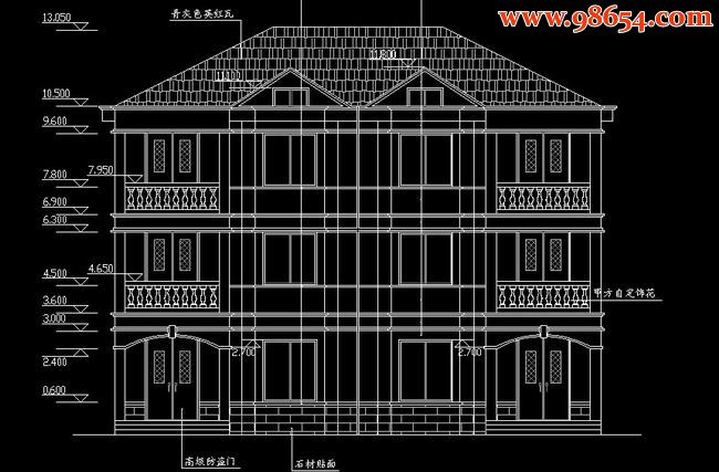 三层双拼别墅CAD图纸正立面图