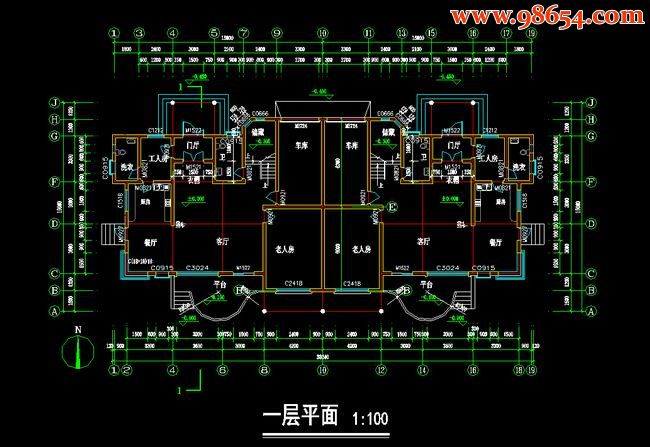 两层双拼独立别墅设计施工图一楼平面图