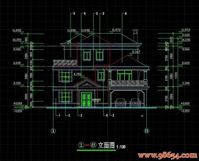 首层面积246平方米3层独栋新农村住宅设计图正立面图