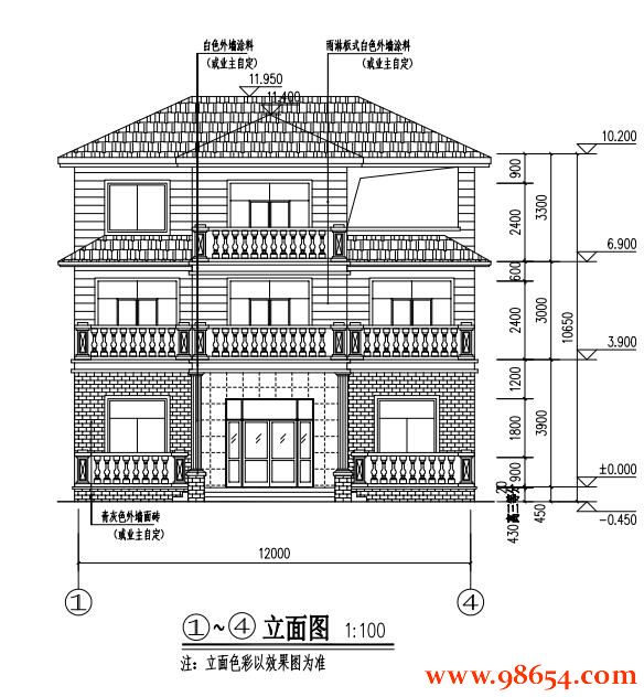 首层面积115平方米3层农村别墅设计图正立面图